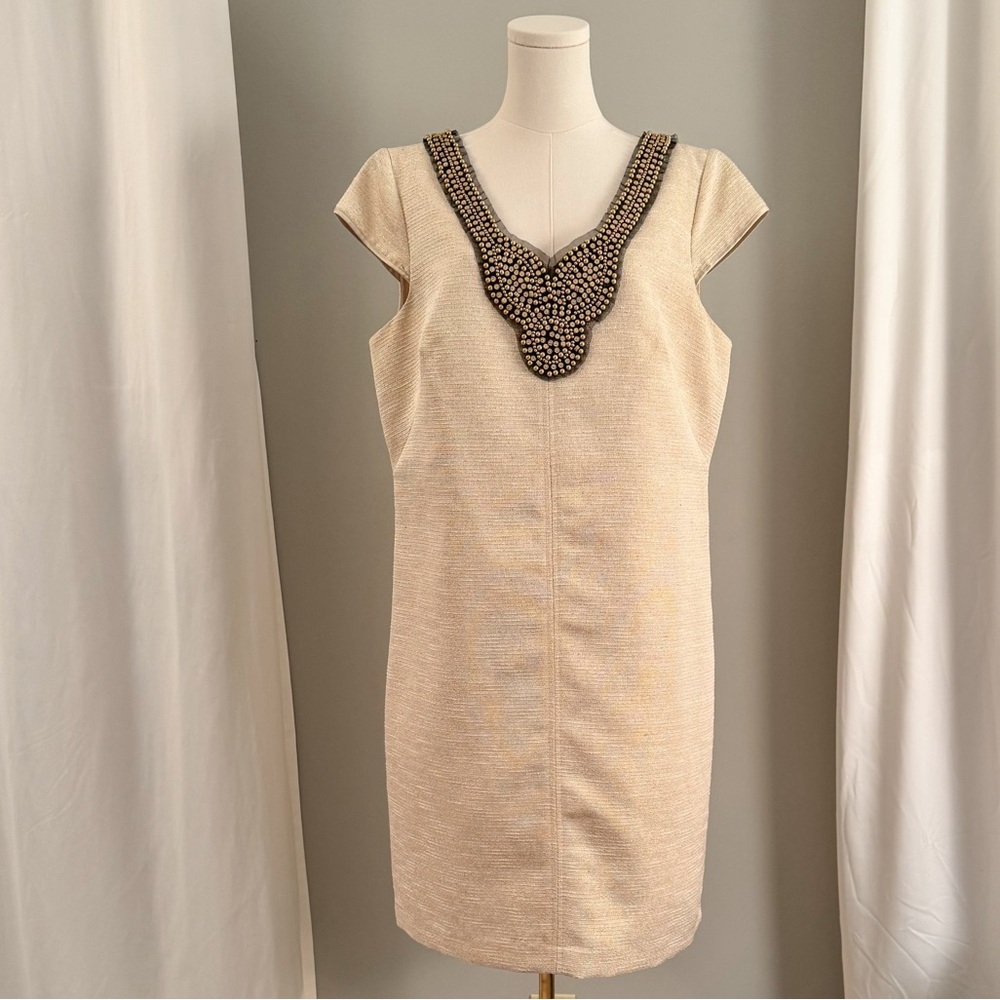 Adrianna Papell Gold Beaded Shift Dress Size 16